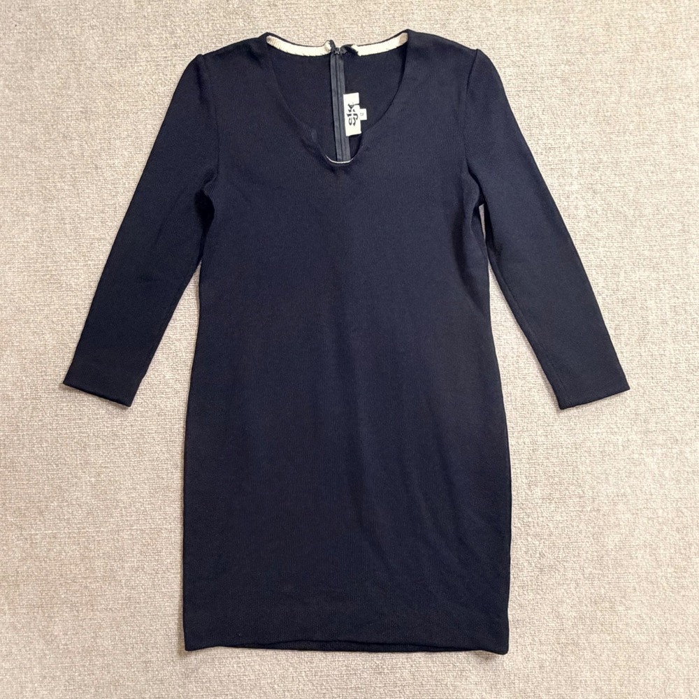 St John Knits Santana Knit Navy Blue V-Neck Long Sleeve Sheath Dress Size 12